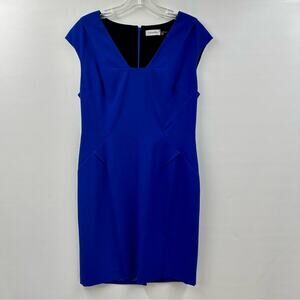 Calvin‎ Klein Sheath Dress V Neck Back Zip Cap Sleeve Blue Career Size 10